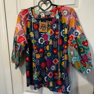 Ivy Jane Folklore Patch Top Multi Color Boho Cotton Tassel Blouse  XS S M NEW